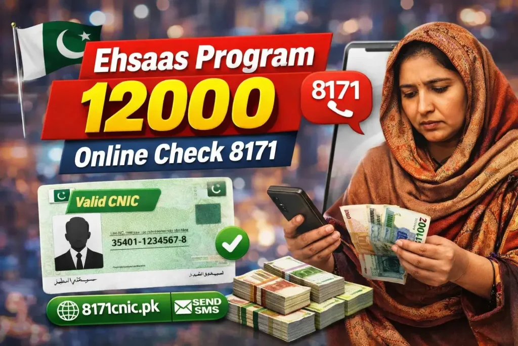 Ehsaas Program CNIC Check Online 25000 Emergency Relief Update 2026 1 Ehsaas Program CNIC Check Online 25000 and 12000 verification banner showing woman checking 8171 SMS on mobile, valid CNIC card, and government cash assistance payment in Pakistan.