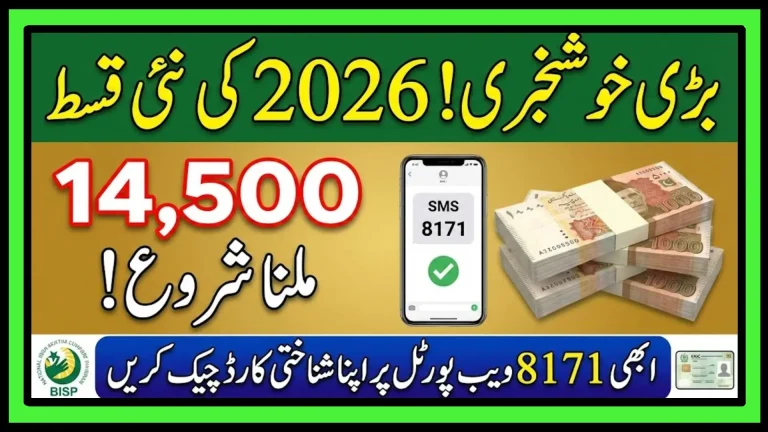BISP new registration 2026 information graphic showing 14,500 payment amount, 8171 SMS verification on mobile phone, and cash bundles with Urdu text about eligibility check.